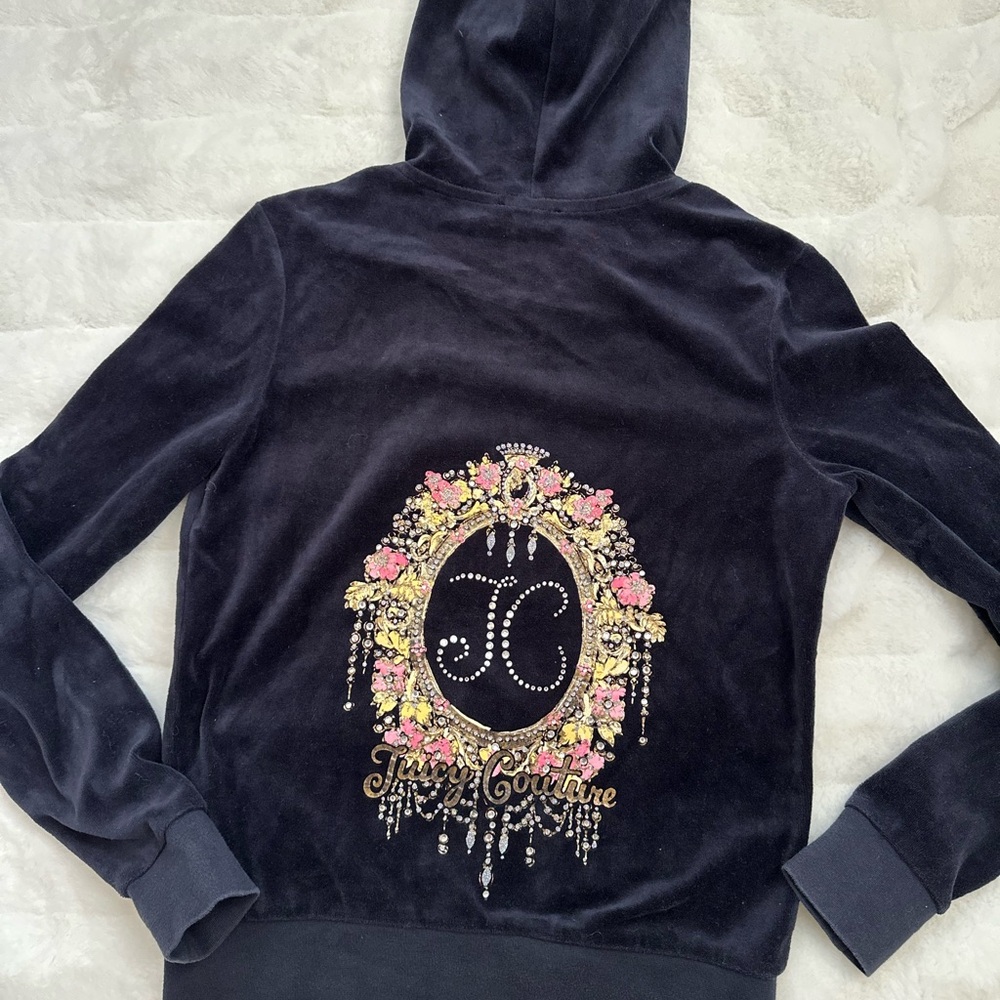 Vintage Y2K Juicy Couture Navy Hoodie with Floral Embellishment